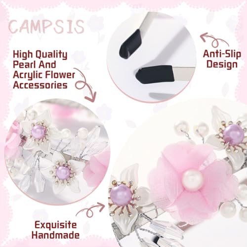 Campsis Pink Flower Headband with Pearls and Crystals for Girls & Women