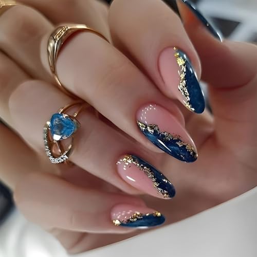 Blue Marble Gold Foil Press On Nails - Medium Almond Shape, 24 Pcs