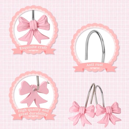 12 Pack Pink Bow Shower Curtain Hooks - Rustproof & Stylish