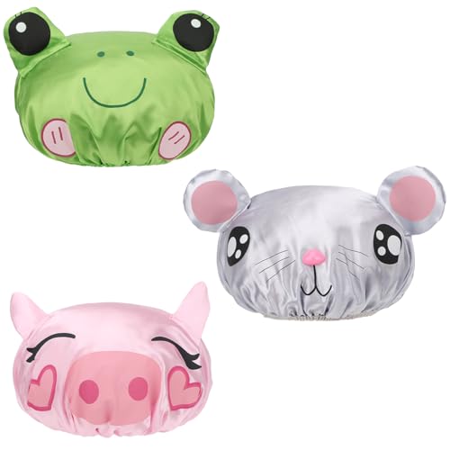 kilofly 3-Pack Reusable Animal Shower Caps for Kids & Adults Waterproof Bath Hats Set