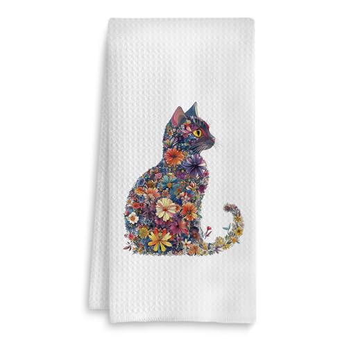 Floral Cat Kitchen Towel - 16x24 Inch Quick-Drying Hand Towel