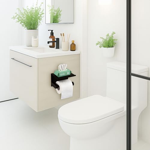 Black Rustproof Toilet Paper Holder with Shelf - Wall Mount & Adhesive