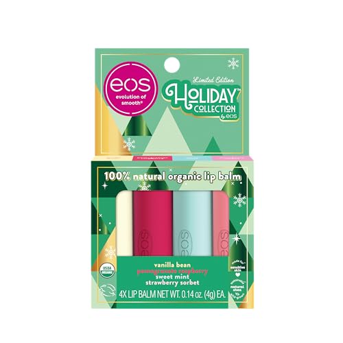Limited Edition Holiday Lip Balm Set - Vanilla Bean, Pomegranate Raspberry, Sweet Mint & Strawberry Sorbet - 4 Pack, Organic, Sensitive Skin