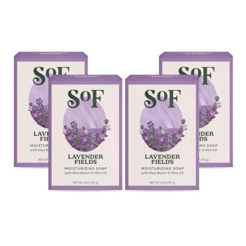 Lavender Fields Moisturizing Bar Soap Pack of 4 - Coconut Oil & Shea Butter - 6 oz Each - Vegan & Organic - SoF South Of France