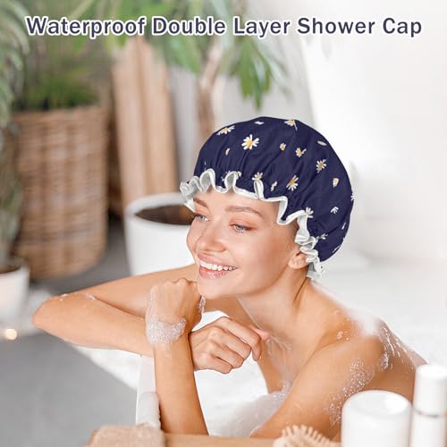 Meliya Daisy Blue Waterproof Shower Cap for Women - Dual-Layer Elastic Hair Cover