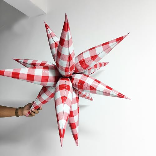 Red White Gingham Star Burst Balloons - 18 Inch Checker Pack for Parties