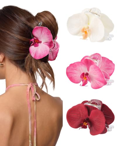 WELROG 3 Pack Orchid Hair Claw Clips - 4.3" Non-Slip Tropical Clips