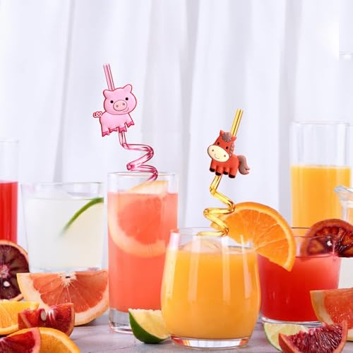 24 Reusable Farm Animal Straws with Cleaning Brushes - Party Supplies