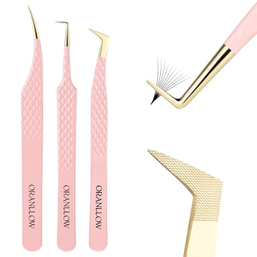 Lash Tweezers Set for Eyelash Extensions - 3 Precision Fiber Tip Diamond Grip, Volume,L-shape Boot, 90 Degree Lash Tweezers for Volume Classic Lashes Premade Fans (3)