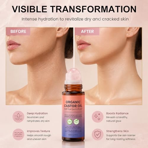 Organic Castor Oil Roll-On with Rose Quartz Roller - 100% Pure for Hair, Skin & Nails