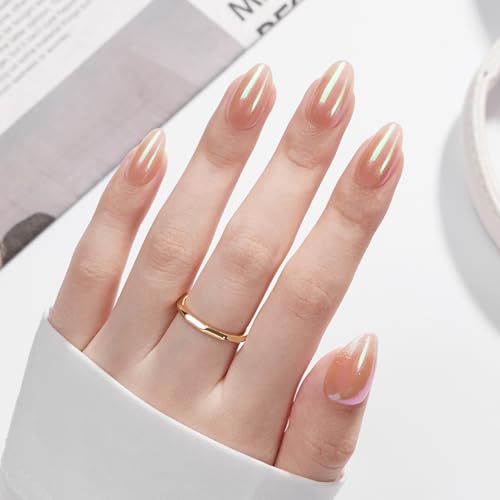 VSALON Short Almond Press On Nails E1-Luster Nude Pink Pearl Chrome