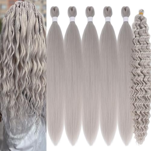 UPruyo Silver Grey Boho Braiding Hair, Pre-Stretched Curly Crochet Extensions