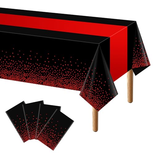 Disposable Black and Red Tablecloth Set - 2-in-1 Rectangular Party Cover (54x108")