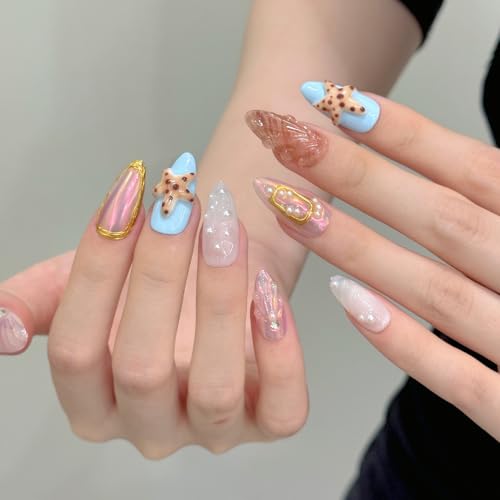 NLSJMP 3D Handmade False Nails Kit L/3010 - Waterproofer Almond Manicure with Starfish Design