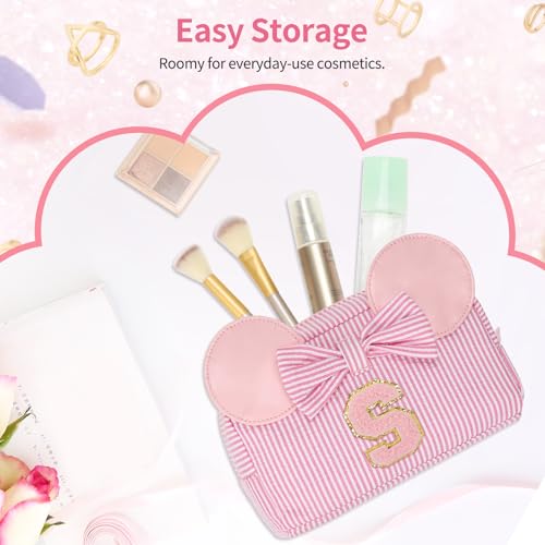 Personalized Initial Makeup Bag - Cute Travel Organizer, Stripe Pink/S
