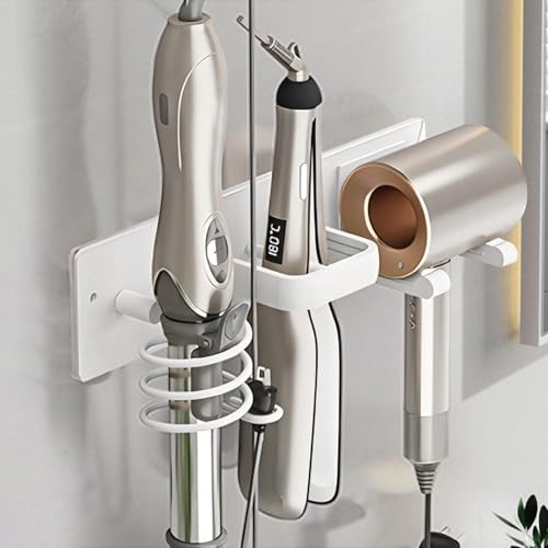 Matte White 3-in-1 Hair Dryer Holder - Wall Mounted Organizer for Bathroom