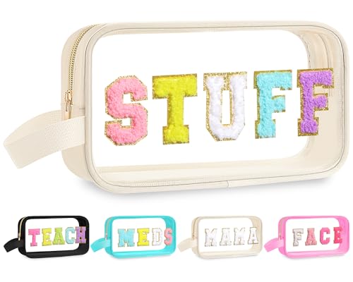 Kacctyen Beige Stuff Letter Makeup Bag with Zipper - Travel Pouch