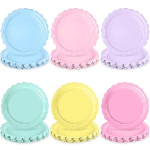 72 Pcs Pastel Scalloped Paper Plates - 7 Inch Disposable Rainbow Party Tableware