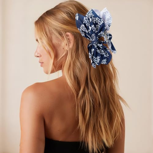 Hadutrek Bow Claw Clips 2PC White Paisley + Blue Floral – Satin Large Hair Clips for Women (Variation: 2PC-White Paisley+-Blue Floral)