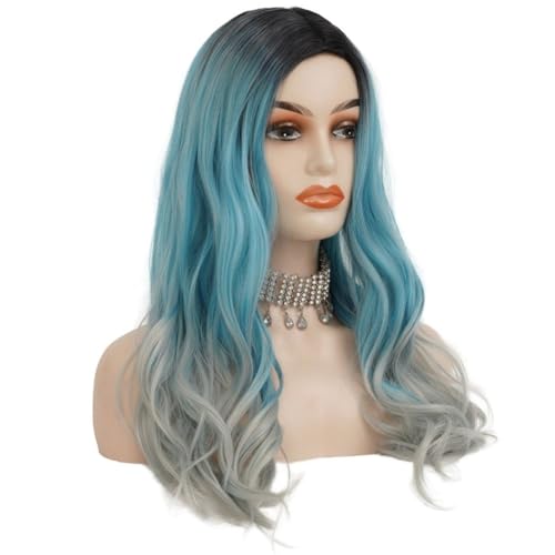 Ombre Blue Curly Wig for Women - Long Wavy Heat Resistant Hair
