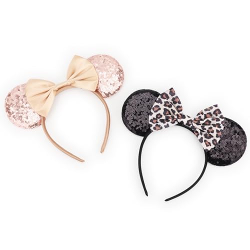 AQOKKA Mouse Ears Headbands with Bow - 3 Pcs Champagne, Black-Leopard Print, Gold-Deep Pink