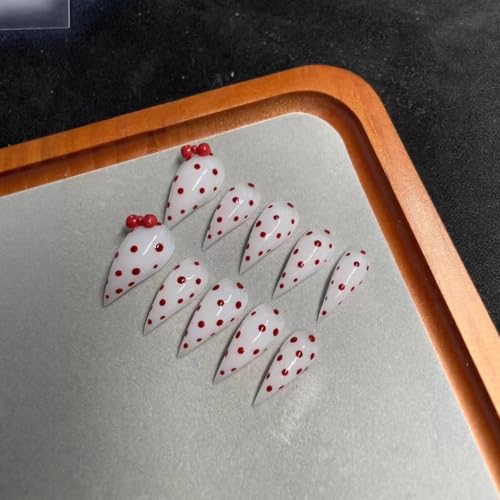 Handmade Press on Nails M - Red Polka Dot & Bow Stiletto Acrylic