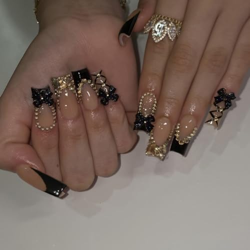 Medium Long Coffin Press on Nails Black French Gold Bow(M)
