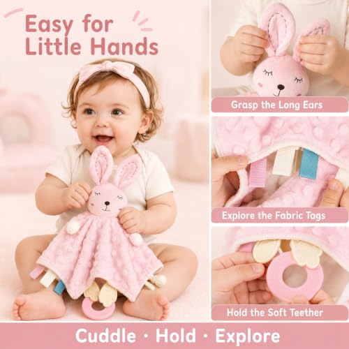 ZIGJOY Pink Bunny Security Blanket for Baby Girls - 4-in-1 Sensory Lovey