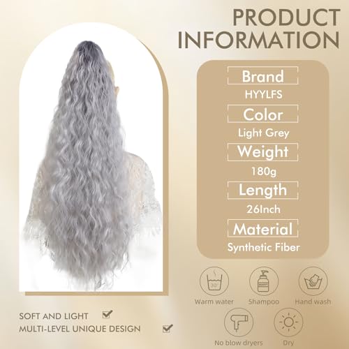 26-Inch Long Wavy Claw Clip Ponytail Extension - Light Grey Synthetic Hair