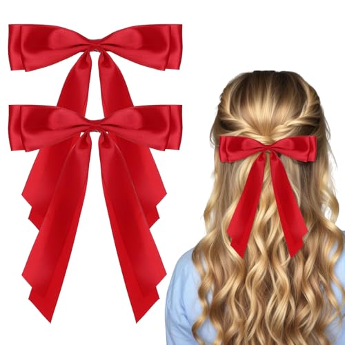 Red Satin Hair Bow Clips 2 Pack Large Hair Accessories for Women & Girls
