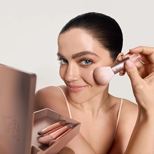 Real Techniques Mini Brush Set with Mirror - 6-Piece Travel Makeup Kit, Nudes