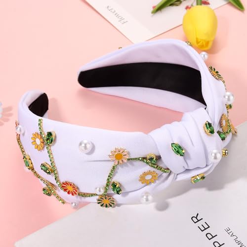 Flower C-White Pearl Knotted Headband for Women - Floral Top Knot with Rhinestones