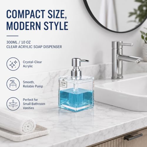 LGURT 300ml Clear Acrylic Soap Dispenser - Compact Pump for Kitchen & Bathroom