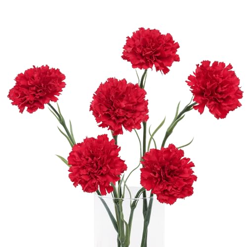 DuHouse 6pcs Artificial Carnation Flowers - Realistic Red Decor