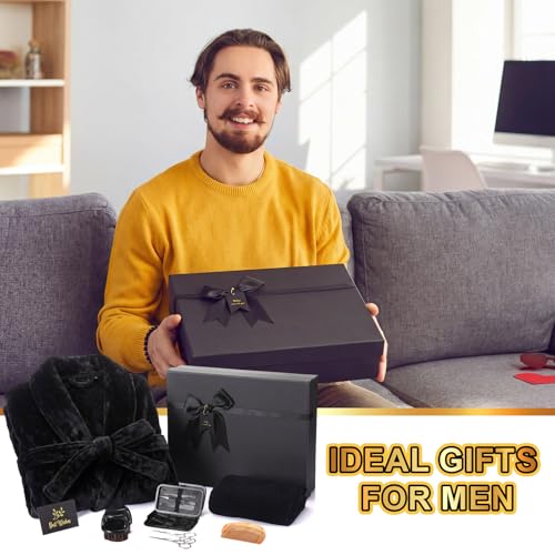 Hercicy 9 Packs Birthday Gifts for Men, Father Day Beard Care Ideas Set, Graduation Beard Grooming Bath Robe Slippers Nail Care Kit Towel Men's Gift Box for Husband Brother Dad(Black,Plush)