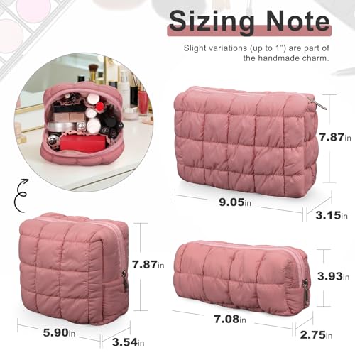 JZRTravel 3 Pack Puffer Quilted Makeup Bags Set - Dark Pink