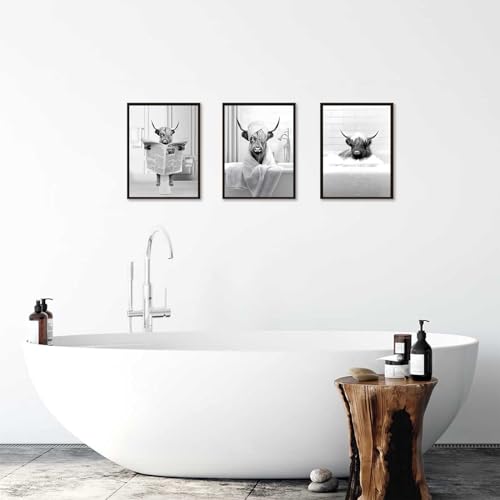 Funny Highland Cow Wall Art Set of 3 - Rustic Bathroom Decor
