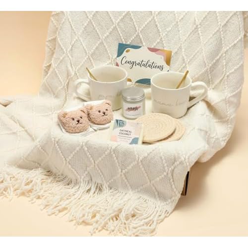 New Mom Care Postpartum Self Care After Baby Gift Basket, Newborn Boys, Girls, Unisex, Ceramic Cup Knitted Blanket Gift Baskets for Women