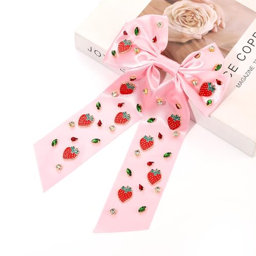 Strawberry Satin Hair Bow Clip with Crystal Charms - Summer Hair Accessory