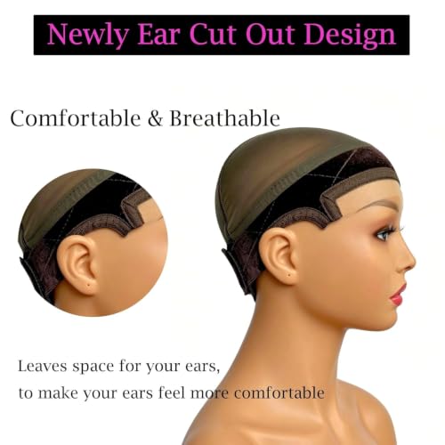 Prudenp Lace Edges Wig Cap with Grip Band Brown - Reusable No-Slip Adjustable Hair Cap