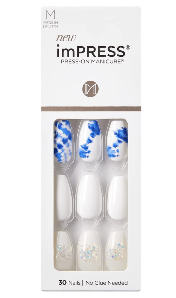 Impress Press-On Nails - White Glitter & Blue Tie-Dye Design | 30 Pcs Medium Coffin Shape, Easy Peel & Press