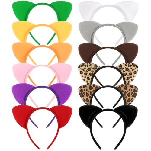 12 Pcs Cat Ears Headbands, Soft Plush Animal Ear Hairbands for Cosplay