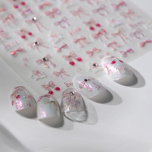 5D Pink Bow Nail Stickers with Rhinestones - Cute Rabbit Design