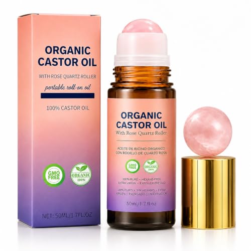 Organic Castor Oil Roll-On with Rose Quartz Roller - 100% Pure for Hair, Skin & Nails