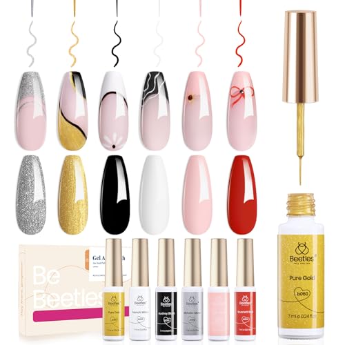 Beetles Gel Nail Art Polish Set D Multicolor 6 pcs French Tip & Glitter Liners