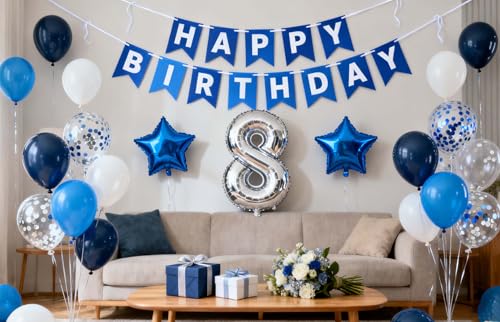 Blue 8th Birthday Decorations Set - Banner & Balloons