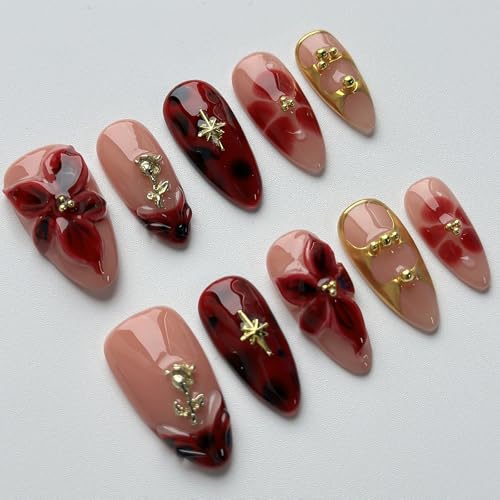 Luxury Medium Almond Press-on Nails - Handmade Red Floral Acrylic Set