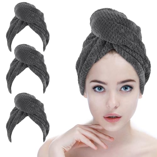 SINLAND Microfiber Hair Drying Cap Towel - Dark Grey, 3 Pack