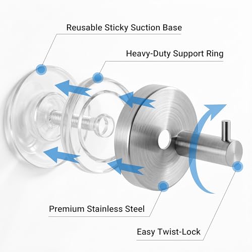 Heavy Duty Stainless Steel Suction Cup Hooks for Shower - 2 Pack