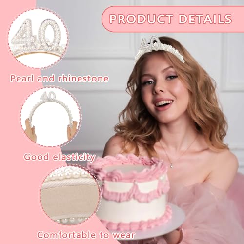 40th Birthday Headband for Women with Pearl - Party Crown & Decor